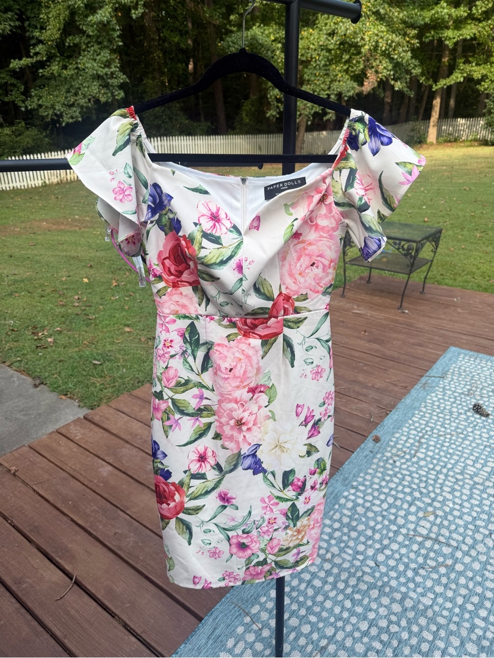 paper doll Floral Off-Shoulder Sheath Dress in White with Pink & Red Roses